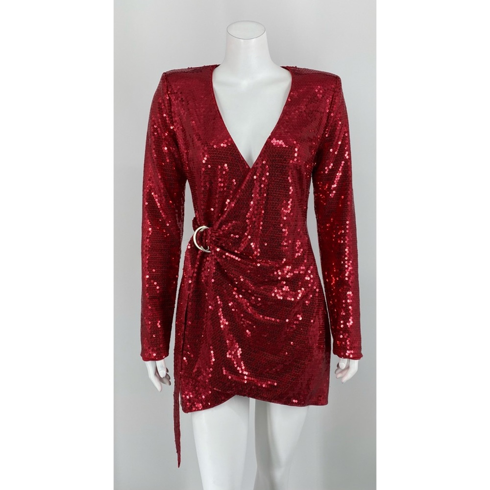 h:ours Red Sequin Long Sleeve Dress